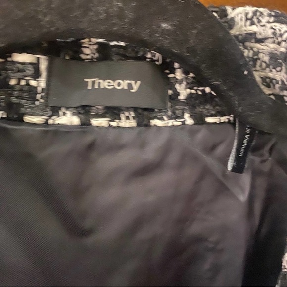 Theory tweed plaid side zip black white jacket chic preppy collared Size 4 - Picture 4 of 8